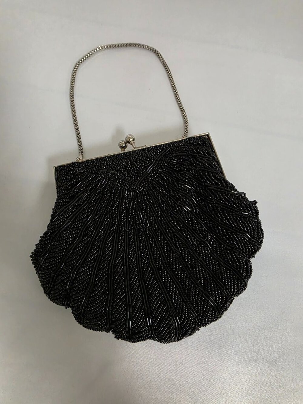 Vintage Walborg Hong Kong Black Beaded Fan Clasp Evening Bag Flapper Art Deco